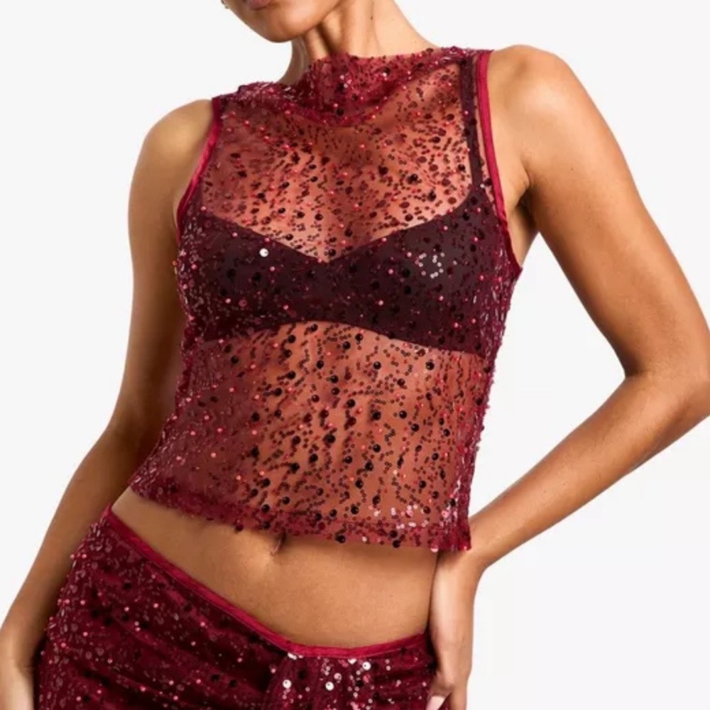 Sequin Beaded Sheer Maroon Tank Top